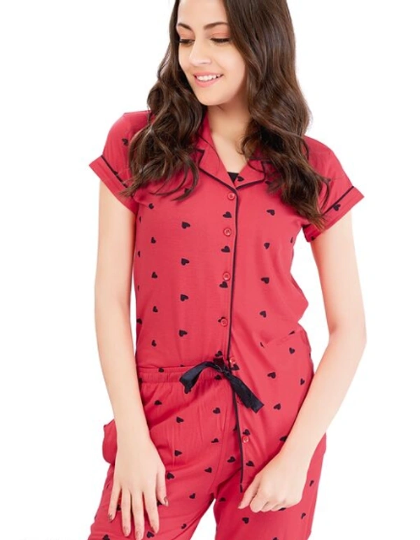 Lotik Women's Cotton Pink & Rani Heart Print Front-Open Nightsuit Set - XXL, Pink, Cotton, Multipack of1